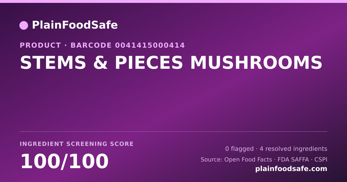 Share card for STEMS & PIECES MUSHROOMS Food Ingredient Profile