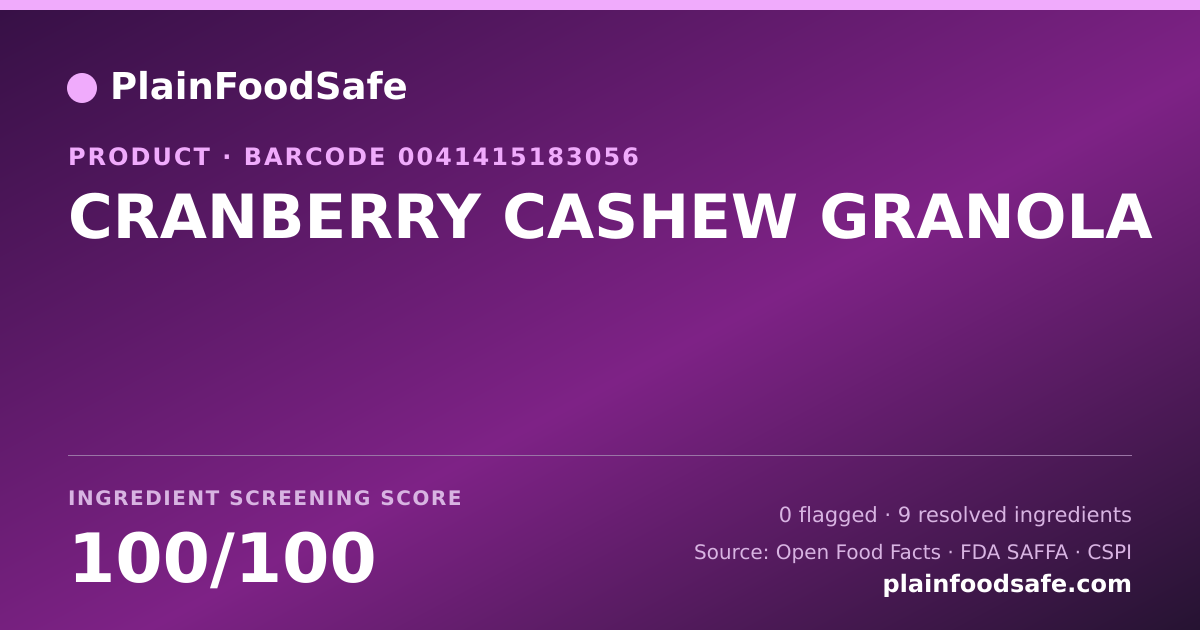 Share card for CRANBERRY CASHEW GRANOLA Food Ingredient Profile