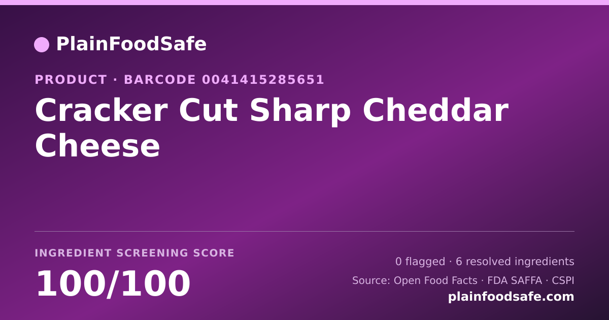 Share card for Cracker Cut Sharp Cheddar Cheese Food Ingredient Profile