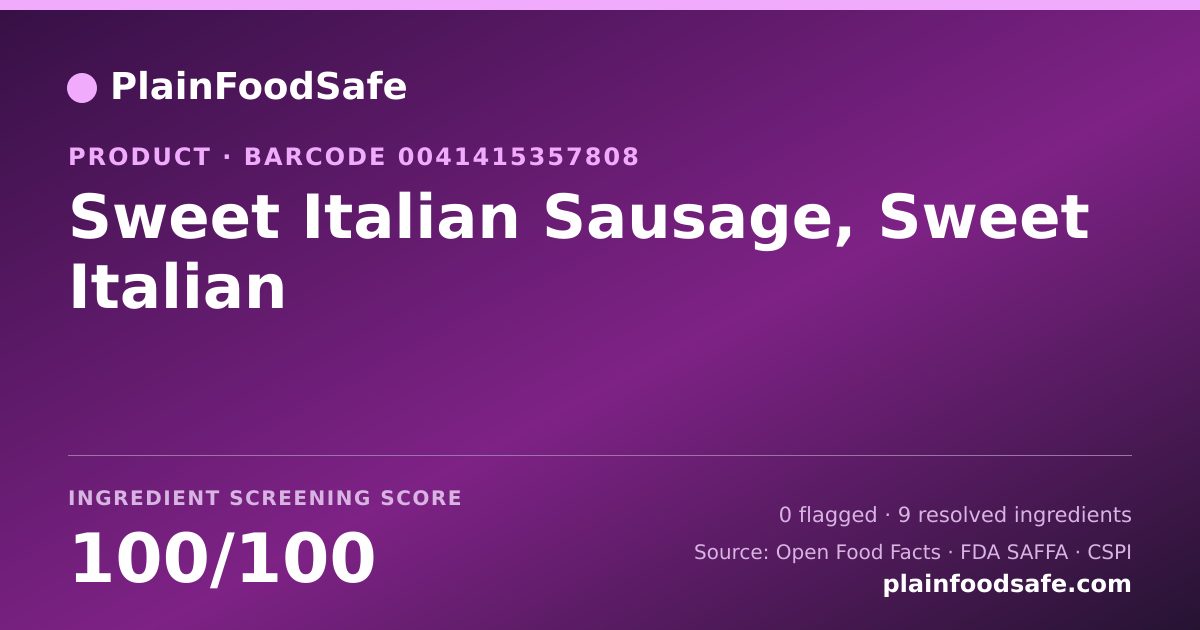 Share card for Sweet Italian Sausage, Sweet Italian Food Ingredient Profile