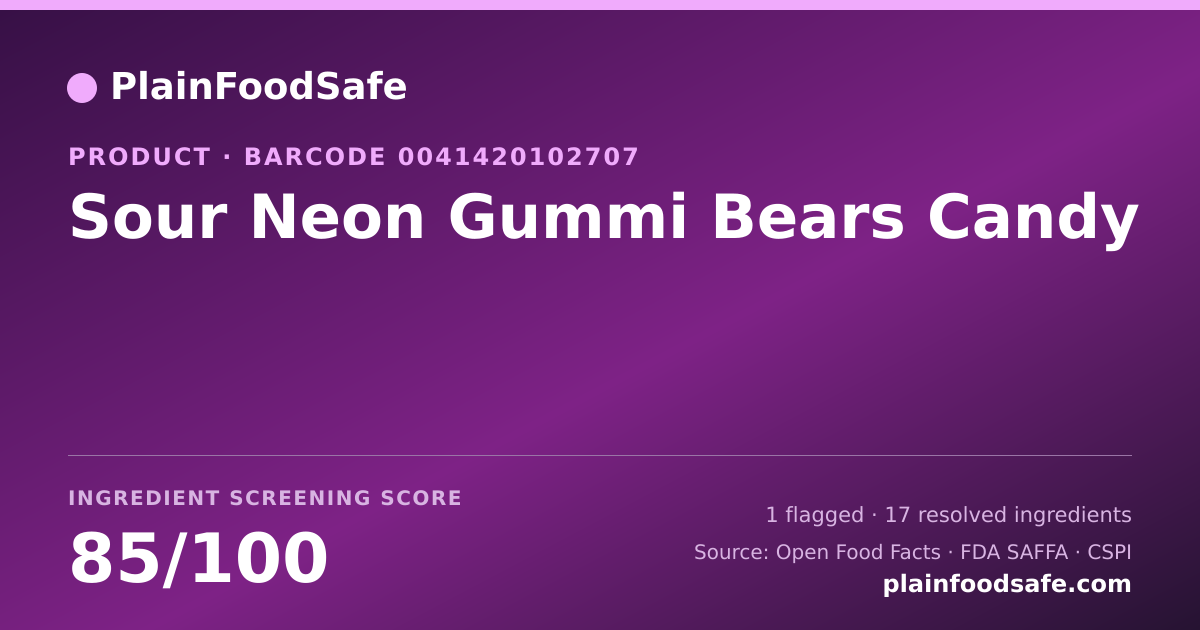 Share card for Sour Neon Gummi Bears Candy Food Ingredient Profile