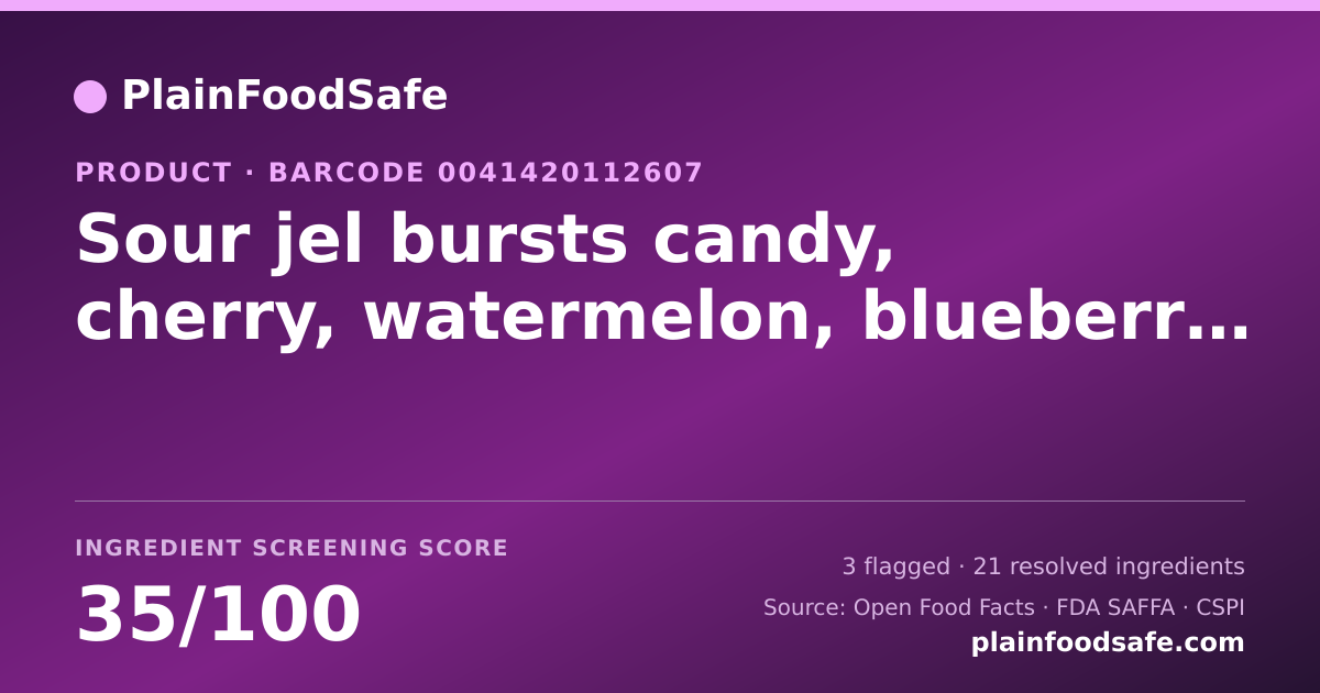 Share card for Sour jel bursts candy, cherry, watermelon, blueberry, cherry, watermelon, blueberry Food Ingredient Profile