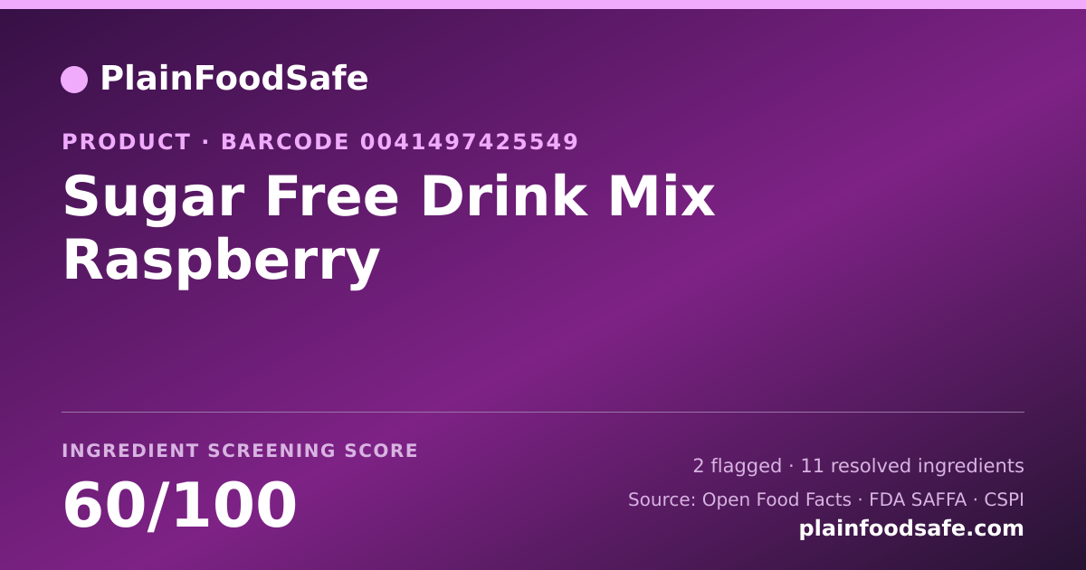 Share card for Sugar Free Drink Mix Raspberry Food Ingredient Profile