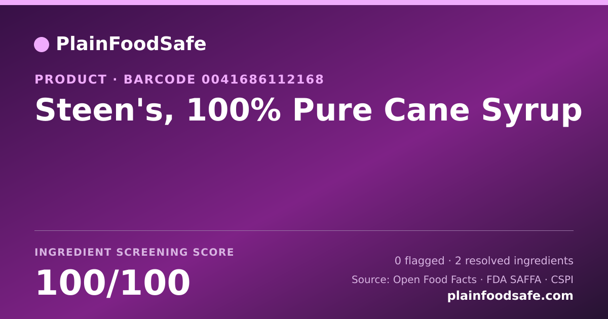 Share card for Steen's, 100% Pure Cane Syrup Food Ingredient Profile