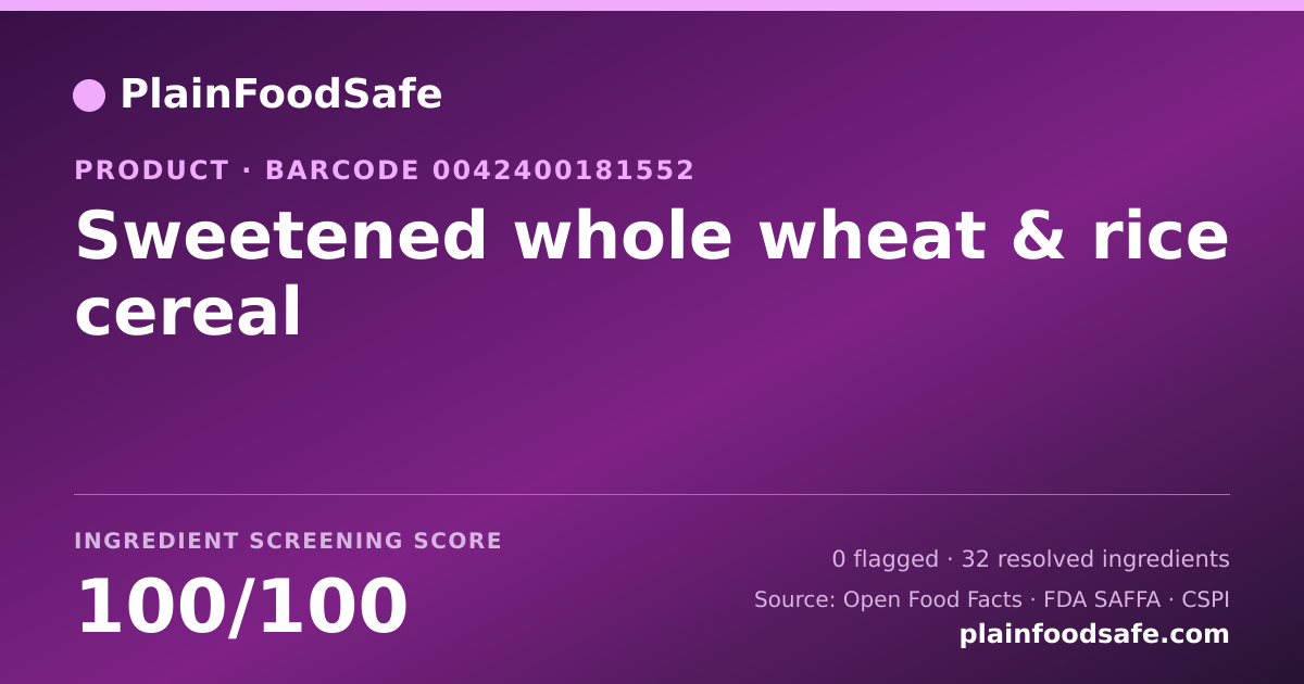 Share card for Sweetened whole wheat & rice cereal Food Ingredient Profile