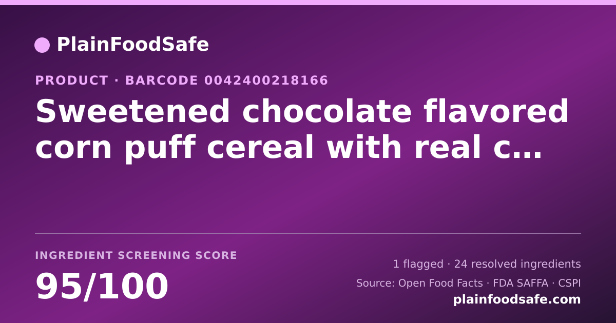 Share card for Sweetened chocolate flavored corn puff cereal with real cocoa Food Ingredient Profile
