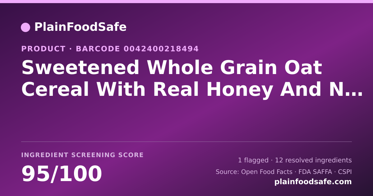 Share card for Sweetened Whole Grain Oat Cereal With Real Honey And Natural Flavor Food Ingredient Profile