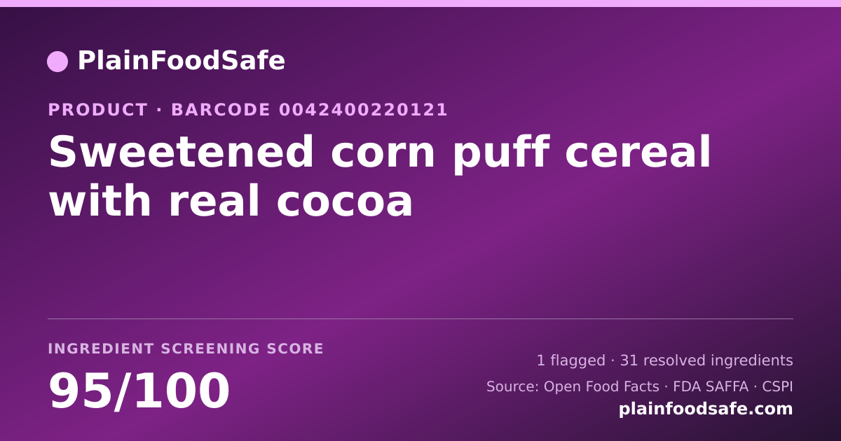 Share card for Sweetened corn puff cereal with real cocoa Food Ingredient Profile