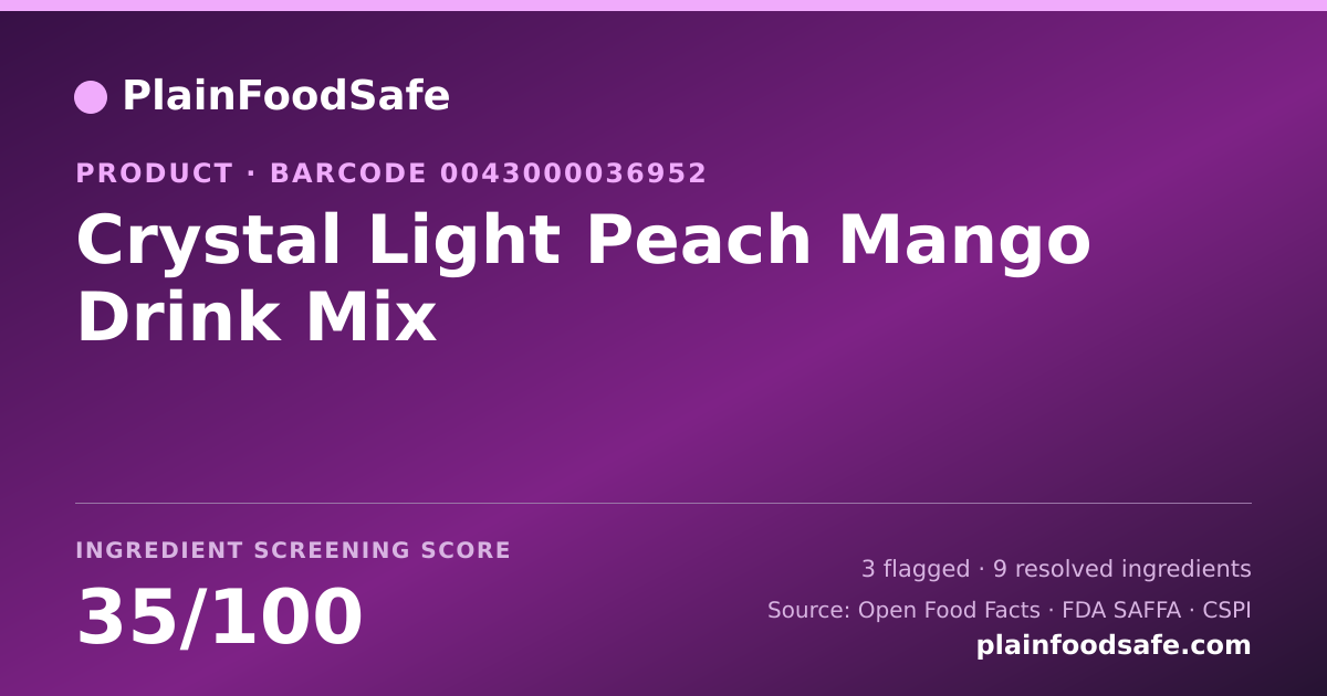 Share card for Crystal Light Peach Mango Drink Mix Food Ingredient Profile