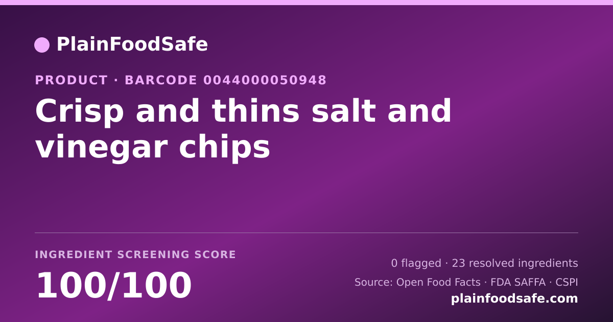 Share card for Crisp and thins salt and vinegar chips Food Ingredient Profile