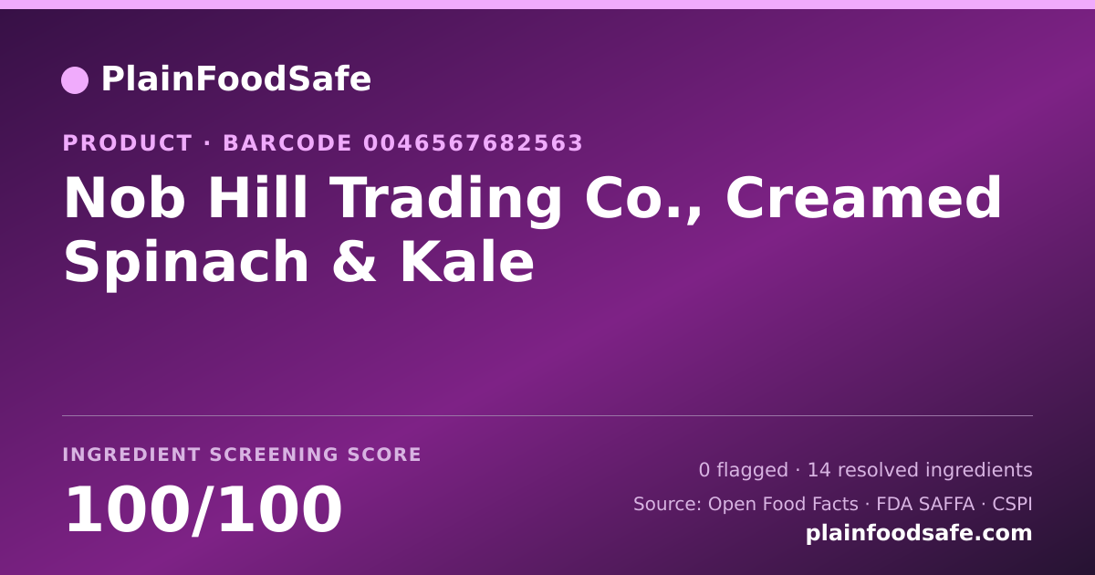 Share card for Nob Hill Trading Co., Creamed Spinach & Kale Food Ingredient Profile