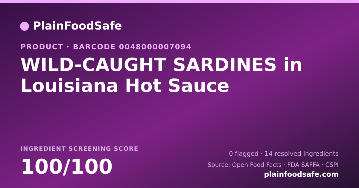Share card for WILD-CAUGHT SARDINES in Louisiana Hot Sauce Food Ingredient Profile