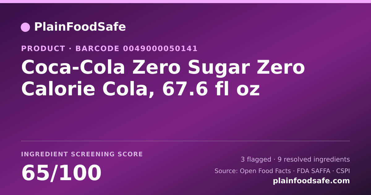 Share card for Coca-Cola Zero Sugar Zero Calorie Cola, 67.6 fl oz Food Ingredient Profile