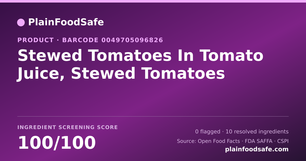 Share card for Stewed Tomatoes In Tomato Juice, Stewed Tomatoes Food Ingredient Profile