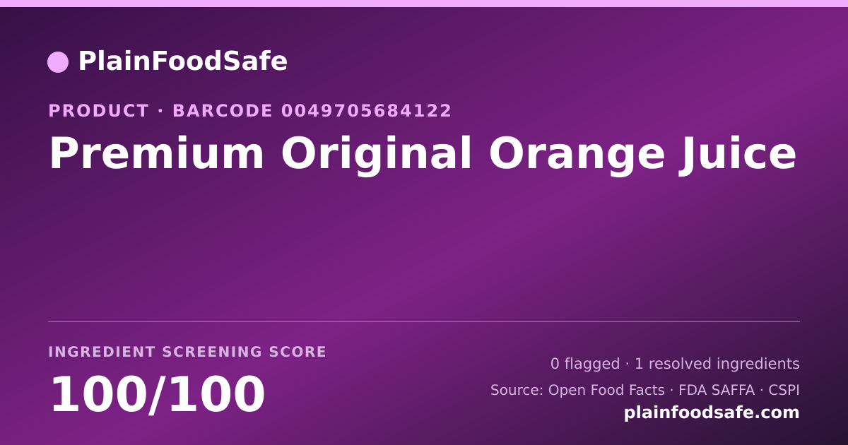 Share card for Premium Original Orange Juice Food Ingredient Profile