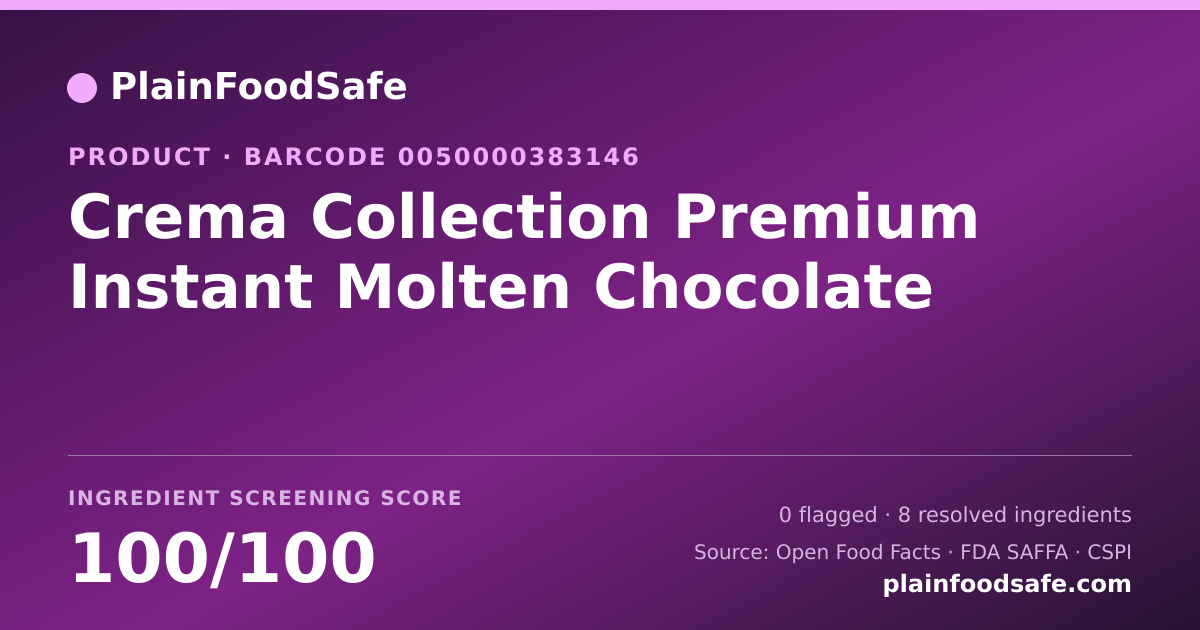 Share card for Crema Collection Premium Instant Molten Chocolate Food Ingredient Profile