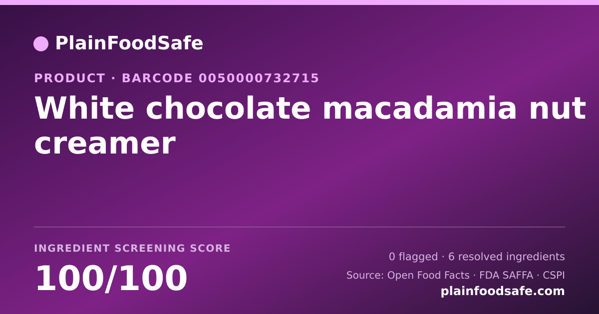 Share card for White chocolate macadamia nut creamer Food Ingredient Profile