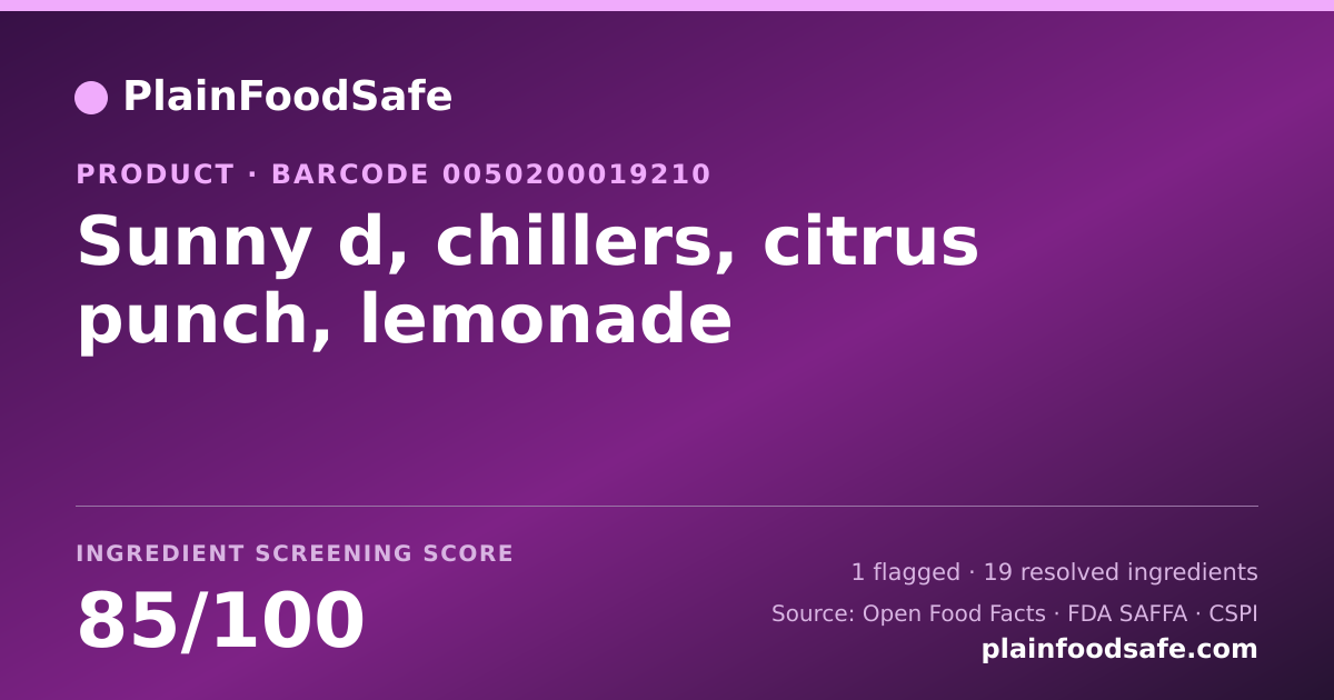 Share card for Sunny d, chillers, citrus punch, lemonade Food Ingredient Profile