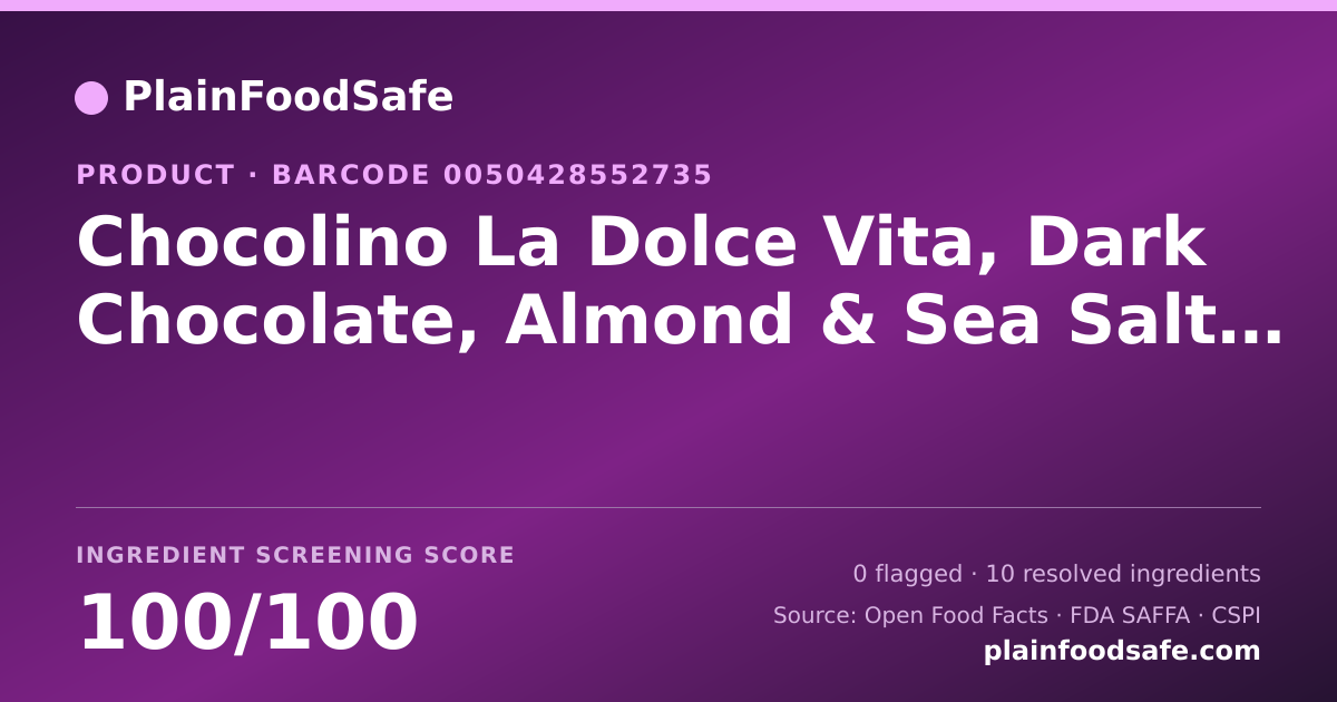 Share card for Chocolino La Dolce Vita, Dark Chocolate, Almond & Sea Salt, Cacao Food Ingredient Profile