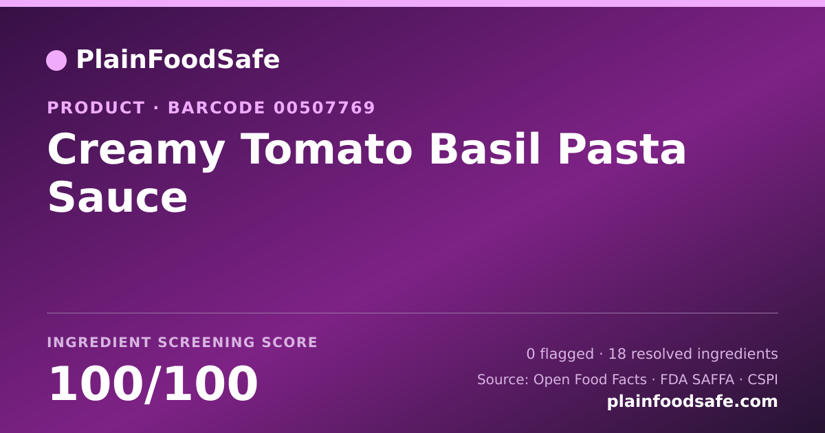Share card for Creamy Tomato Basil Pasta Sauce Food Ingredient Profile