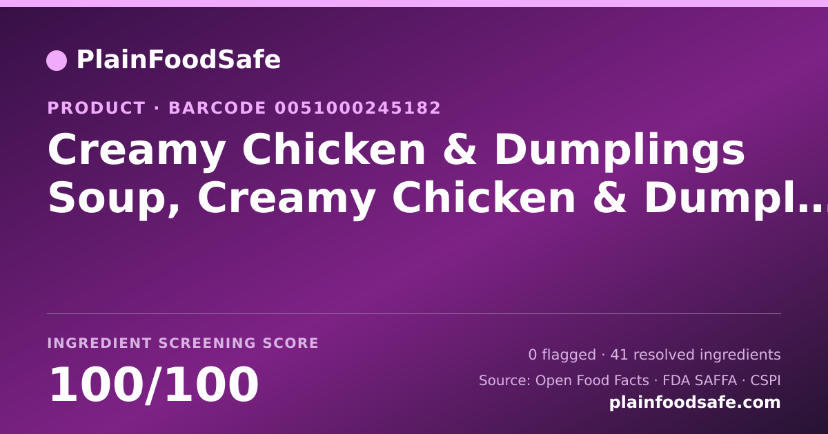 Share card for Creamy Chicken & Dumplings Soup, Creamy Chicken & Dumplings Food Ingredient Profile
