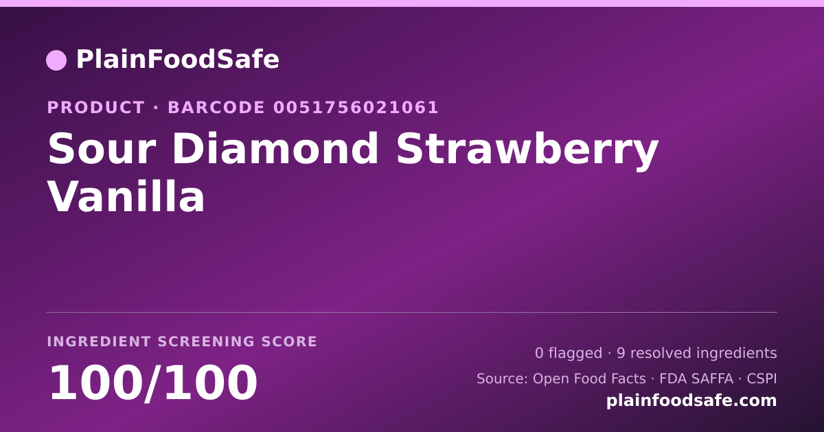 Share card for Sour Diamond Strawberry Vanilla Food Ingredient Profile