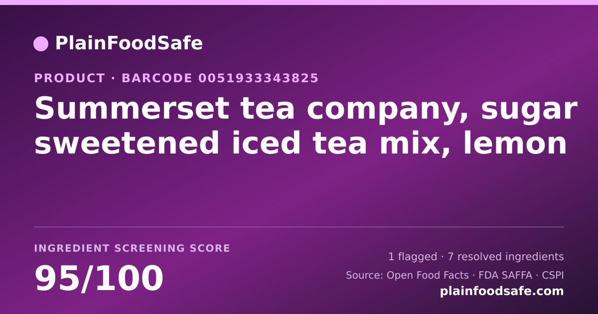 Share card for Summerset tea company, sugar sweetened iced tea mix, lemon Food Ingredient Profile