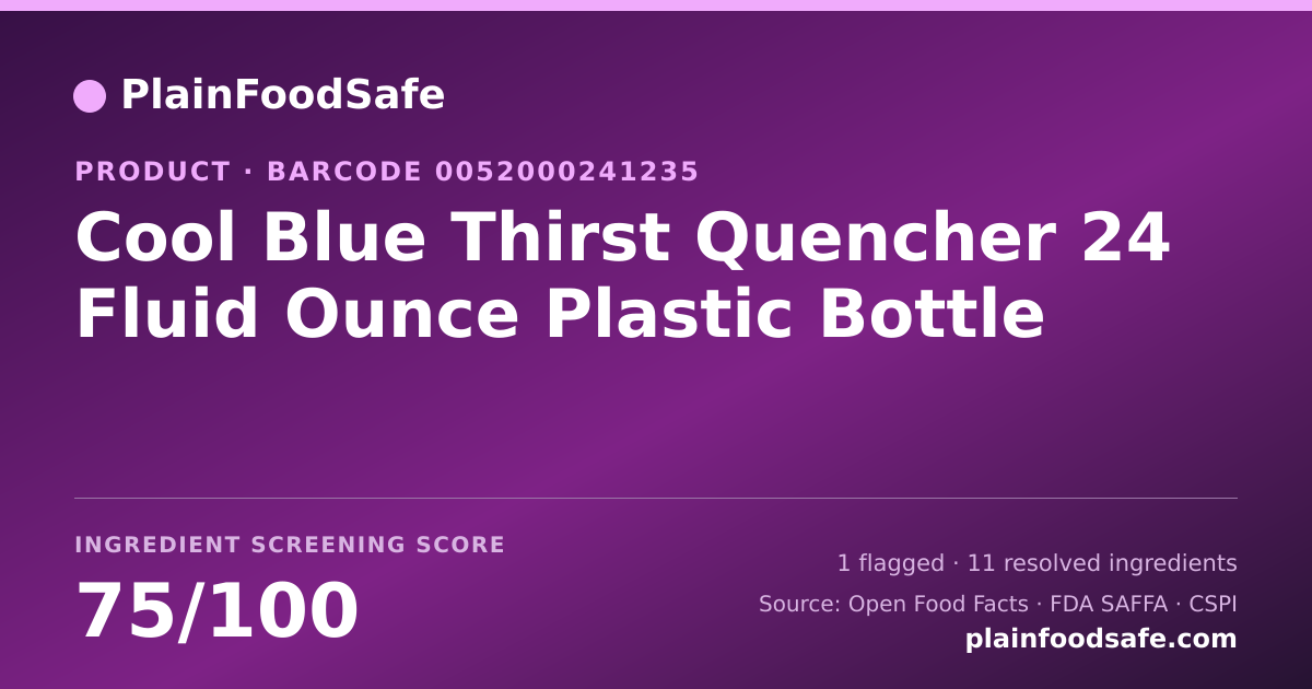 Share card for Cool Blue Thirst Quencher 24 Fluid Ounce Plastic Bottle Food Ingredient Profile