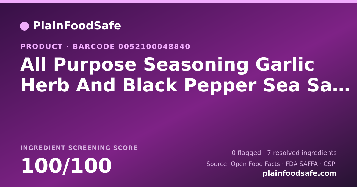 Share card for All Purpose Seasoning Garlic Herb And Black Pepper Sea Salt Food Ingredient Profile