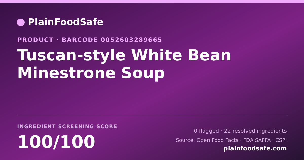 Share card for Tuscan-style White Bean Minestrone Soup Food Ingredient Profile