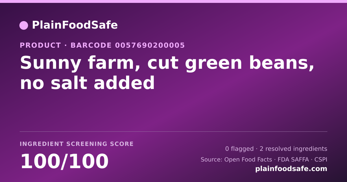 Share card for Sunny farm, cut green beans, no salt added Food Ingredient Profile