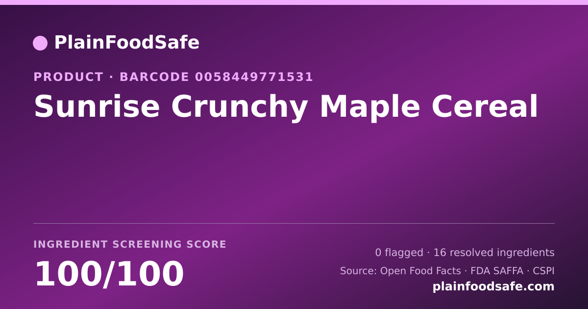 Share card for Sunrise Crunchy Maple Cereal Food Ingredient Profile