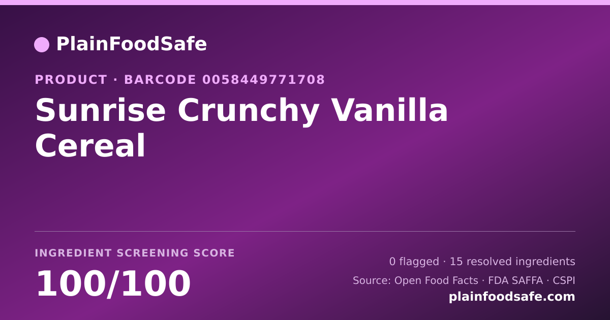 Share card for Sunrise Crunchy Vanilla Cereal Food Ingredient Profile