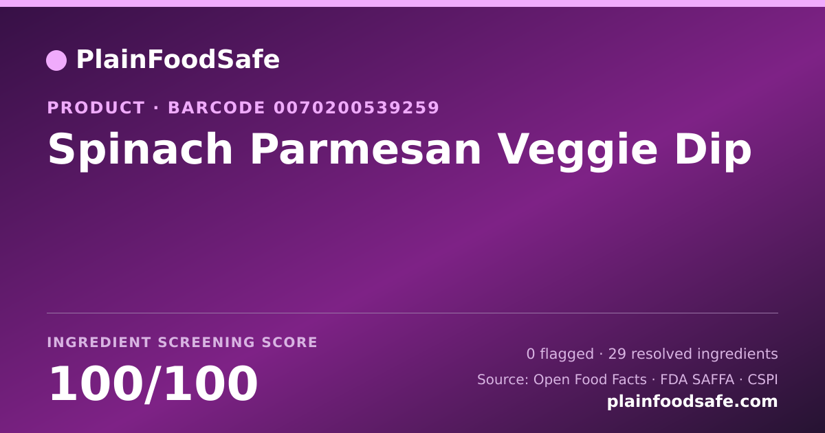 Share card for Spinach Parmesan Veggie Dip Food Ingredient Profile