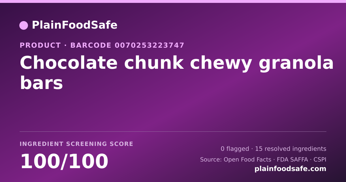Share card for Chocolate chunk chewy granola bars Food Ingredient Profile
