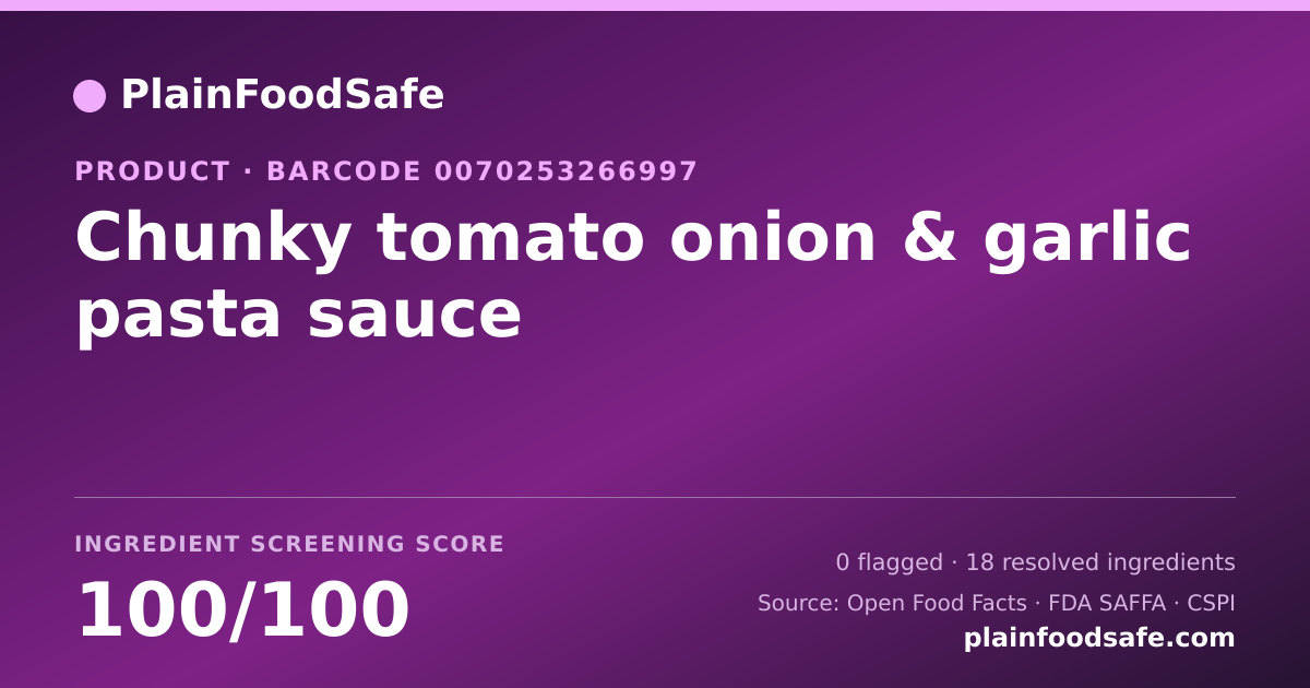 Share card for Chunky tomato onion & garlic pasta sauce Food Ingredient Profile