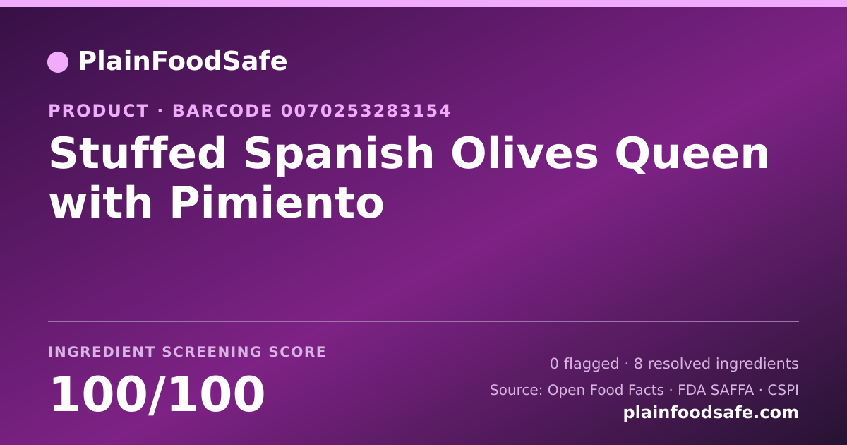 Share card for Stuffed Spanish Olives Queen with Pimiento Food Ingredient Profile
