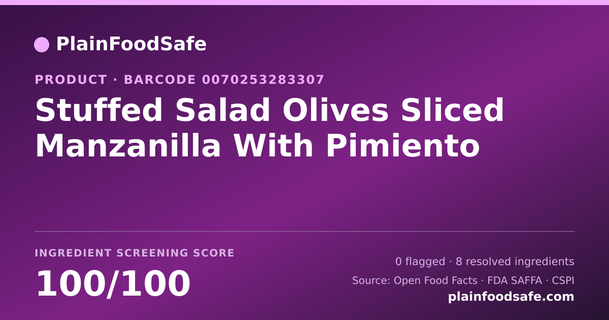 Share card for Stuffed Salad Olives Sliced Manzanilla With Pimiento Food Ingredient Profile