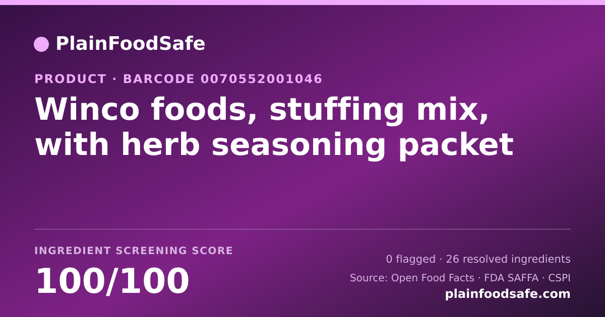 Share card for Winco foods, stuffing mix, with herb seasoning packet Food Ingredient Profile
