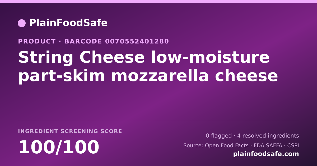 Share card for String Cheese low-moisture part-skim mozzarella cheese Food Ingredient Profile