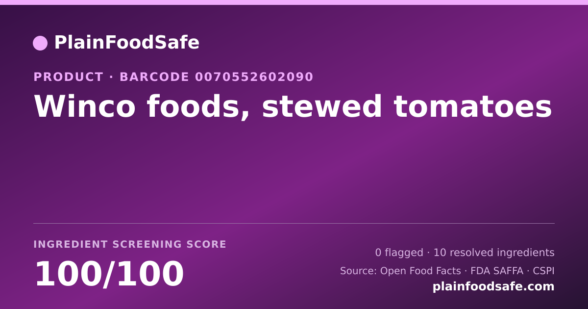 Share card for Winco foods, stewed tomatoes Food Ingredient Profile