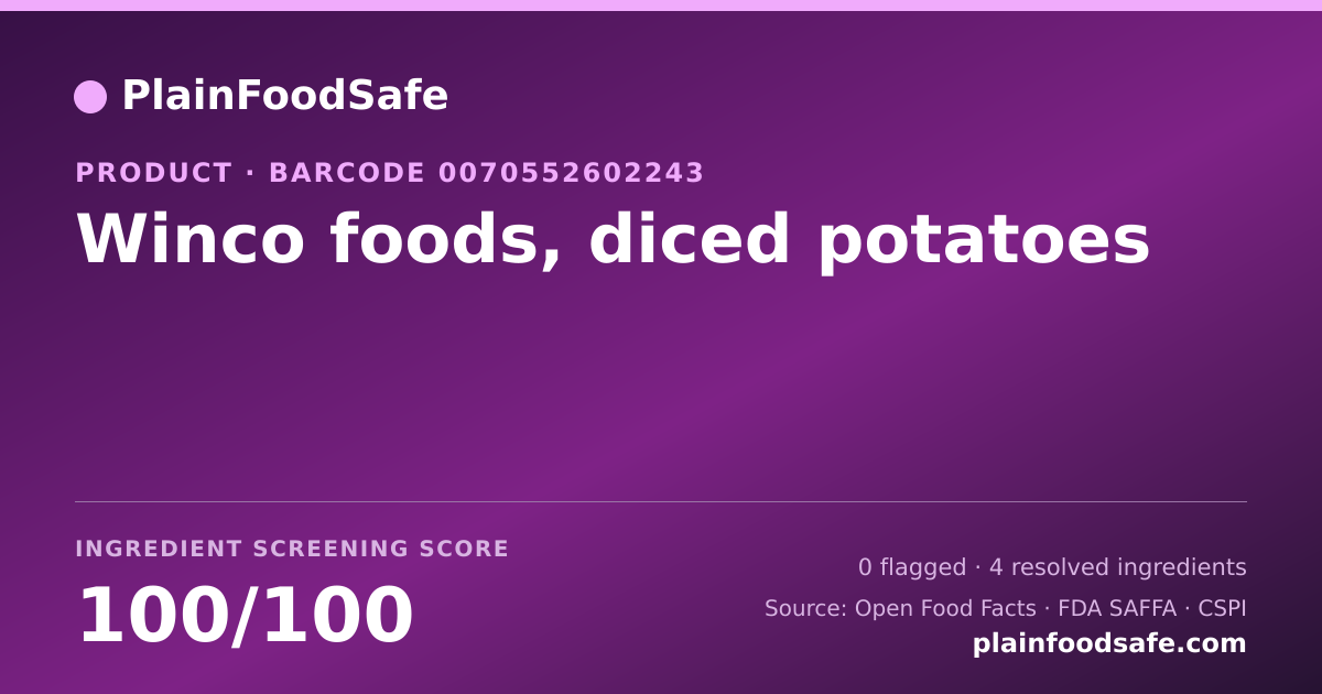 Share card for Winco foods, diced potatoes Food Ingredient Profile