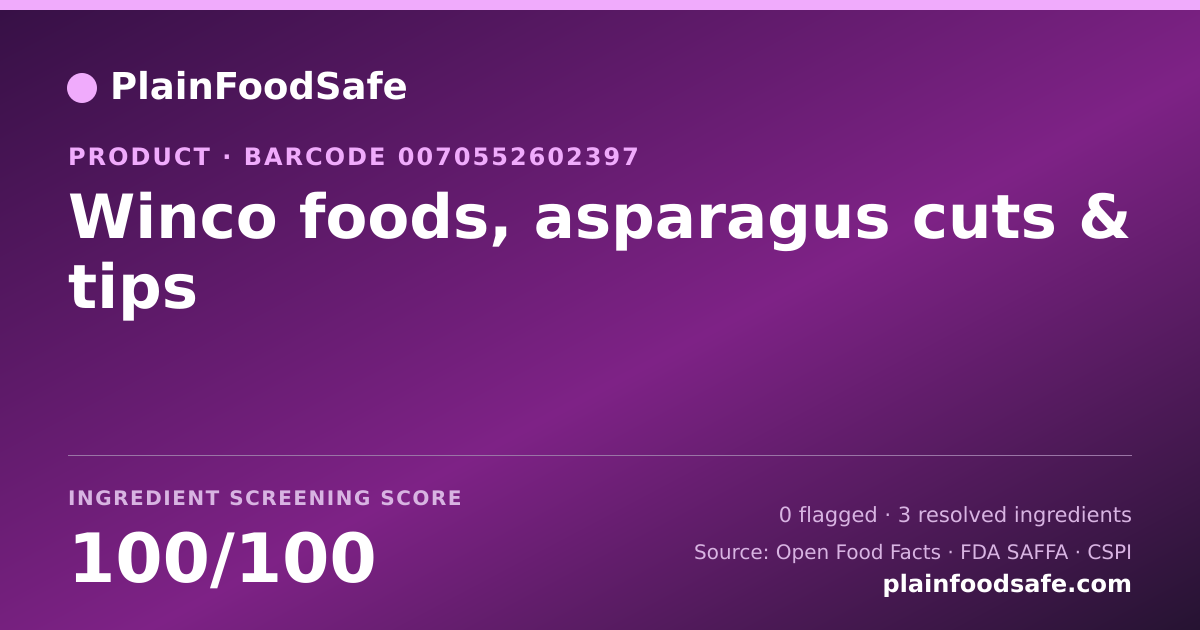 Share card for Winco foods, asparagus cuts & tips Food Ingredient Profile