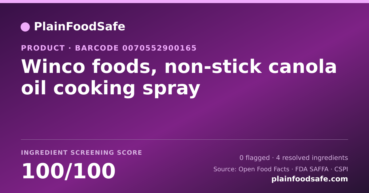 Share card for Winco foods, non-stick canola oil cooking spray Food Ingredient Profile