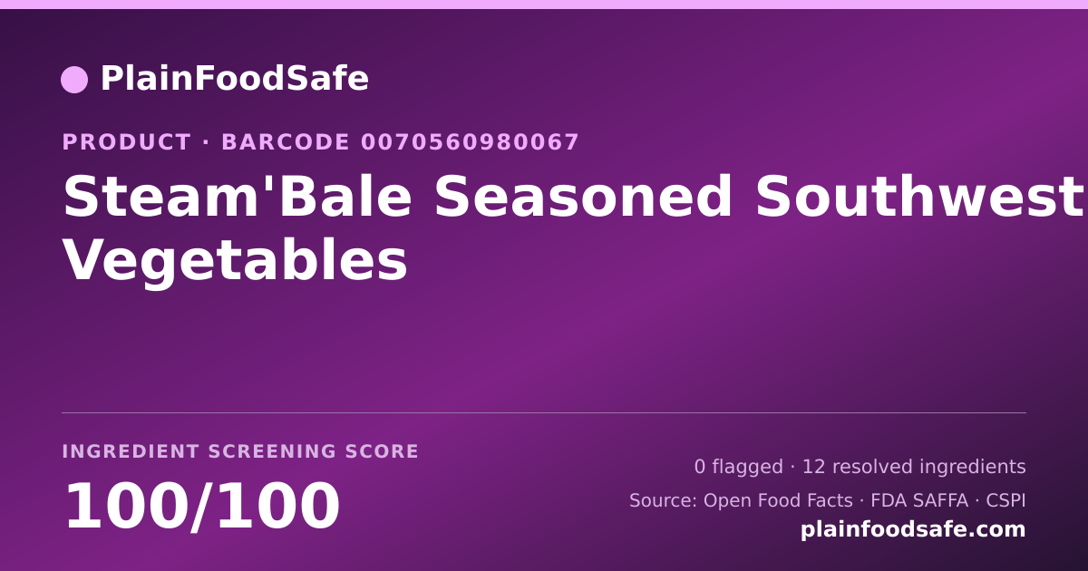 Share card for Steam'Bale Seasoned Southwest Vegetables Food Ingredient Profile