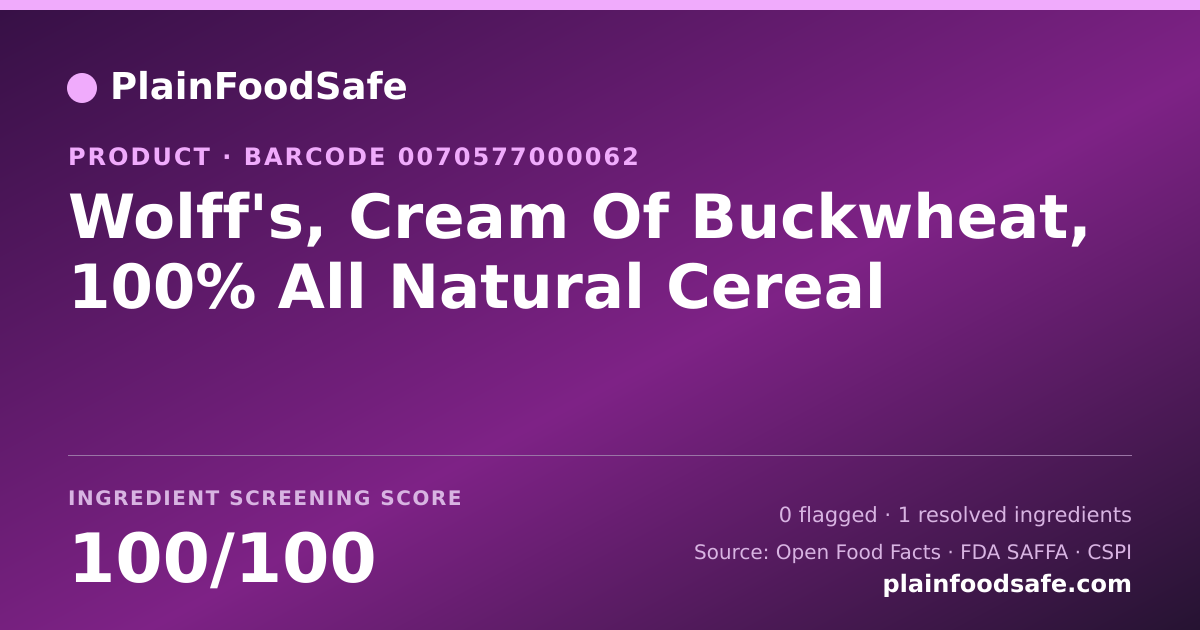 Share card for Wolff's, Cream Of Buckwheat, 100% All Natural Cereal Food Ingredient Profile