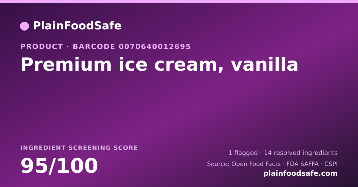 Share card for Premium ice cream, vanilla Food Ingredient Profile
