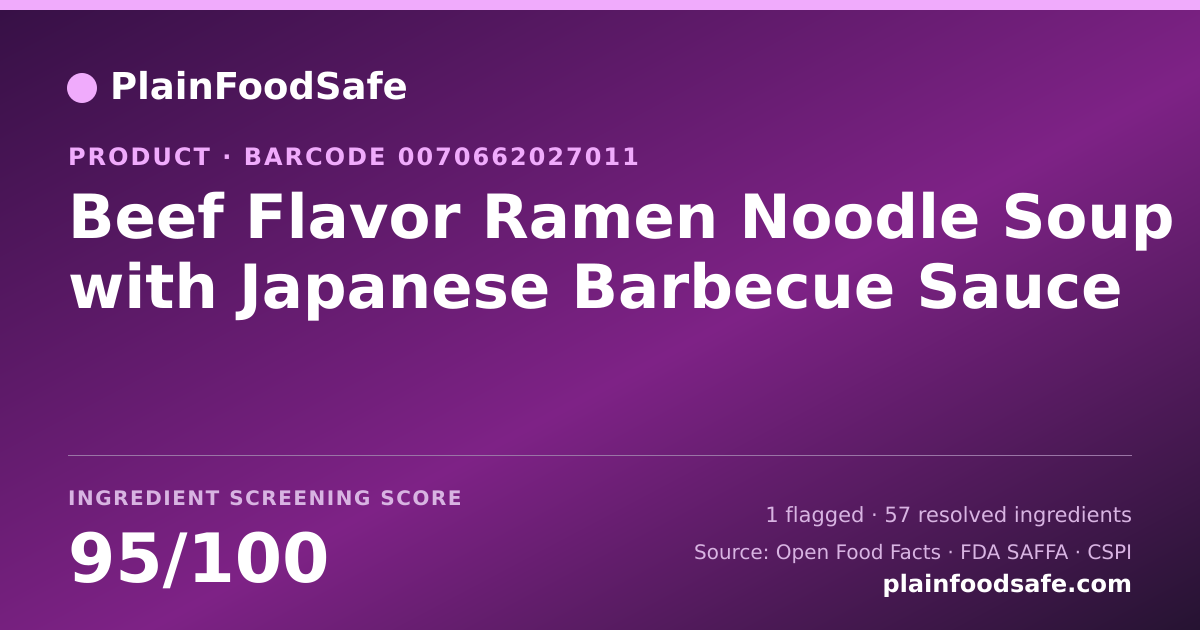 Share card for Beef Flavor Ramen Noodle Soup with Japanese Barbecue Sauce Food Ingredient Profile
