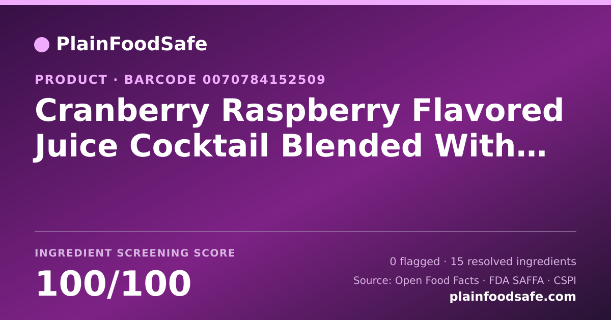 Share card for Cranberry Raspberry Flavored Juice Cocktail Blended With 2 Other Juices From Concentrate, Cranberry Raspberry Food Ingredient Profile