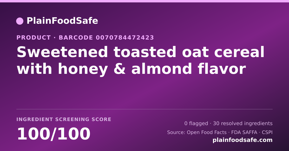 Share card for Sweetened toasted oat cereal with honey & almond flavor Food Ingredient Profile